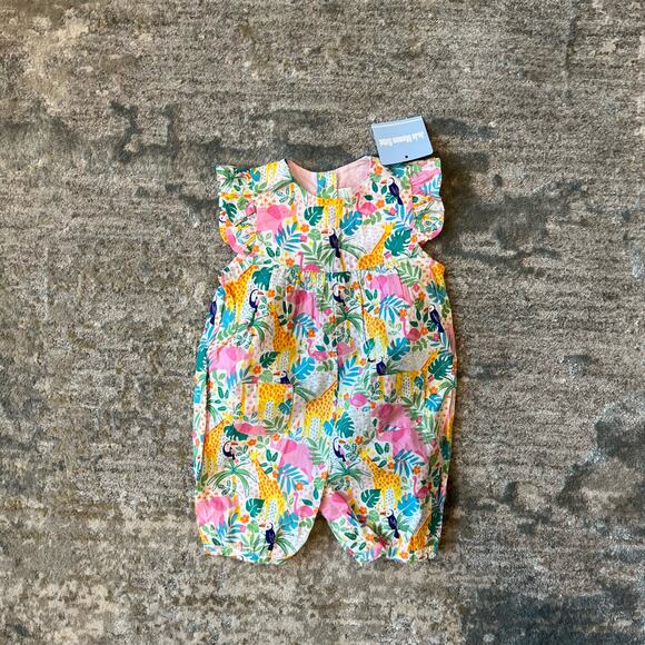JoJo Maman Bebe Pretty Ruffle Shoulder Sunsuit Tropical Animals 0-3 Months NWT - Picture 9 of 9